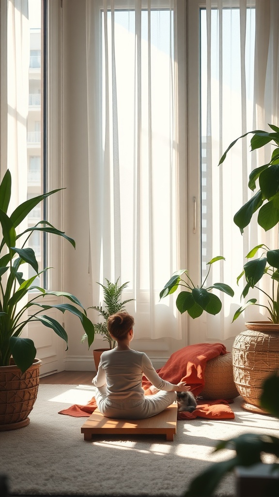 A person meditating with a cat in a sunlit room surrounded by plants.