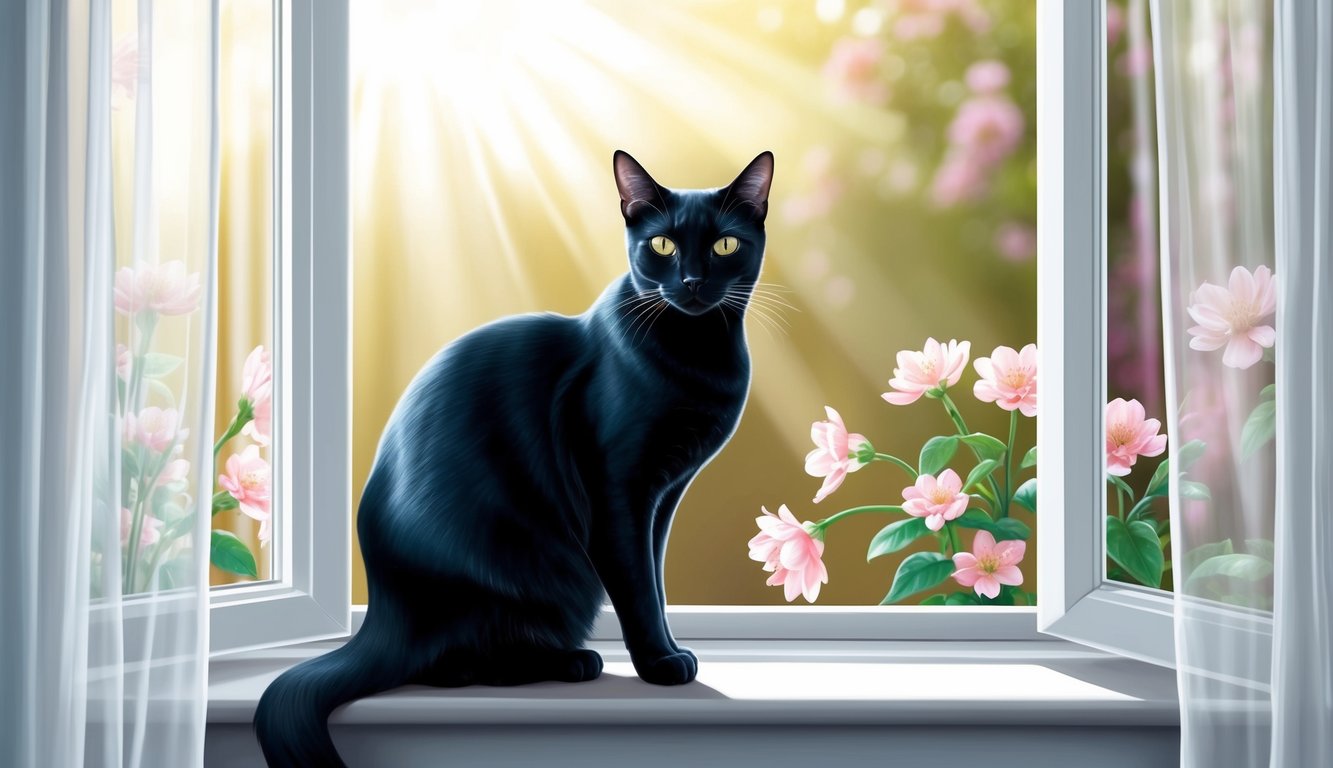 A sleek black cat perched on a windowsill, framed by blooming flowers and soft sunlight filtering through sheer curtains