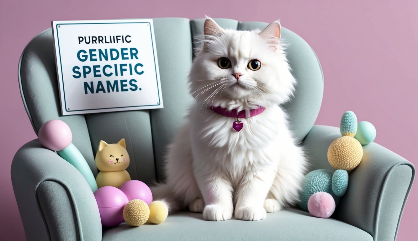 A fluffy white cat with a pink collar sits on a cushioned chair surrounded by pastel-colored toys and a sign that reads "Purrlific Gender-Specific Names."