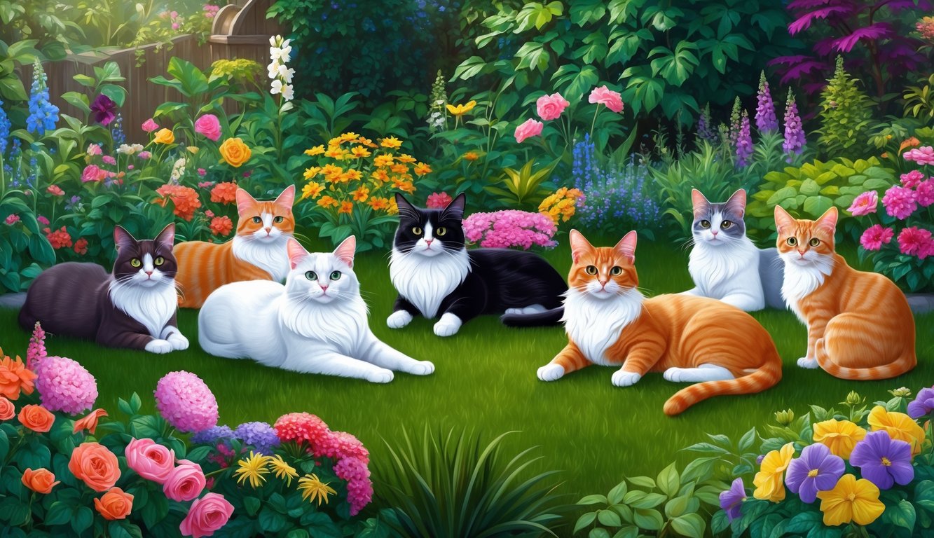 A group of elegant and colorful cats lounging in a garden filled with vibrant flowers and lush greenery
