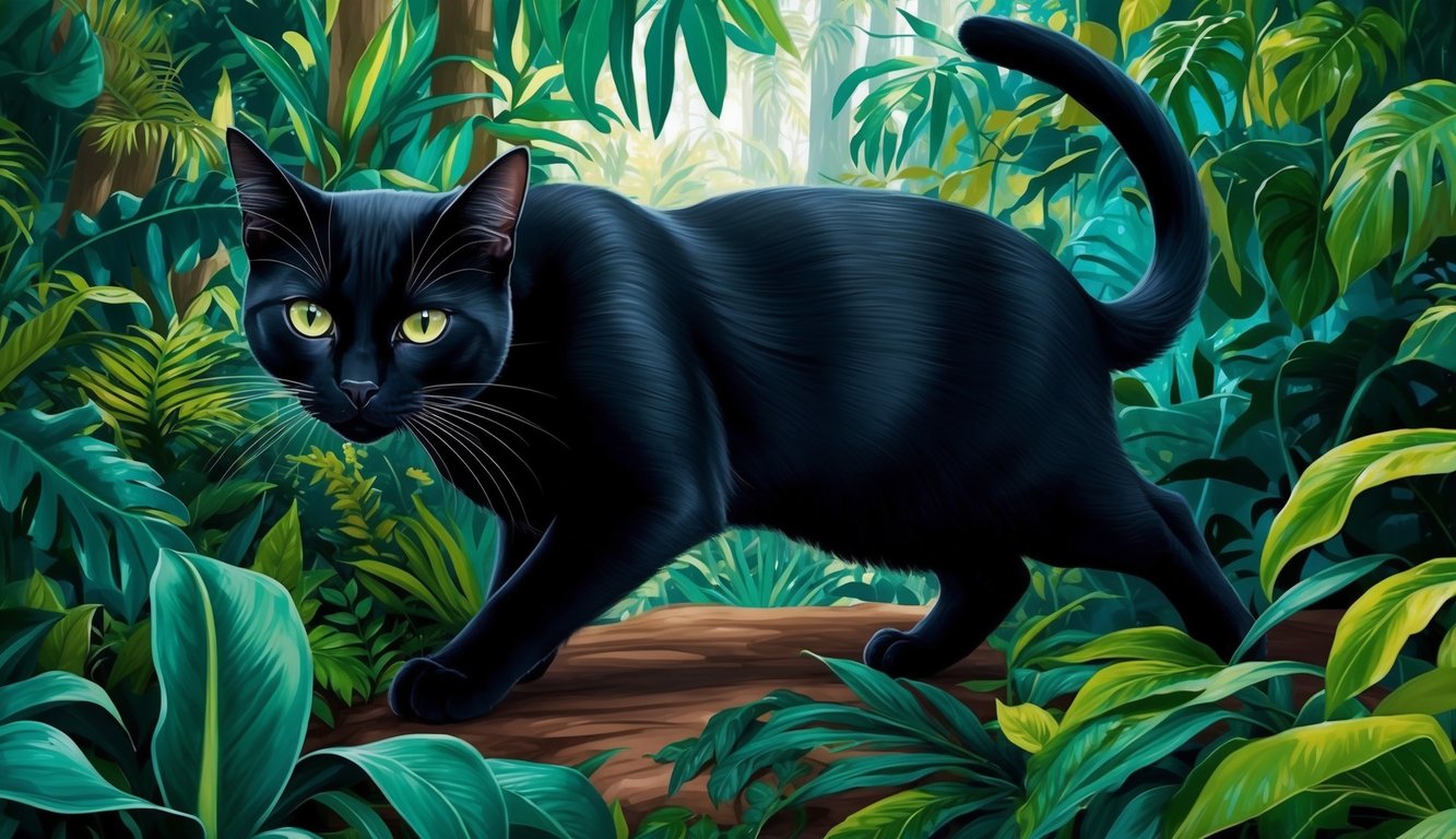 A sleek black cat prowls through a jungle of vibrant foliage, its eyes gleaming with a sense of adventure and mystery
