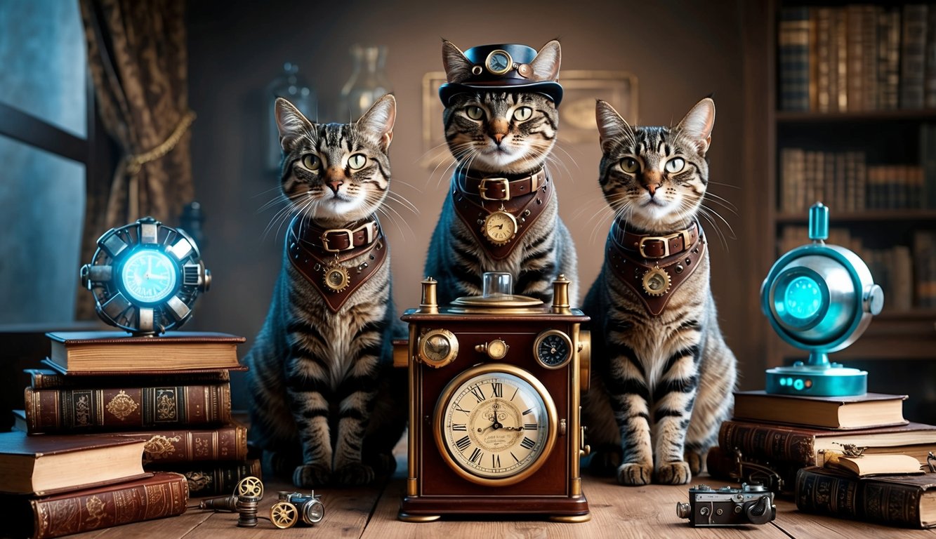 Three tabby cats with steampunk accessories pose in front of a vintage time machine, surrounded by antique books and futuristic gadgets
