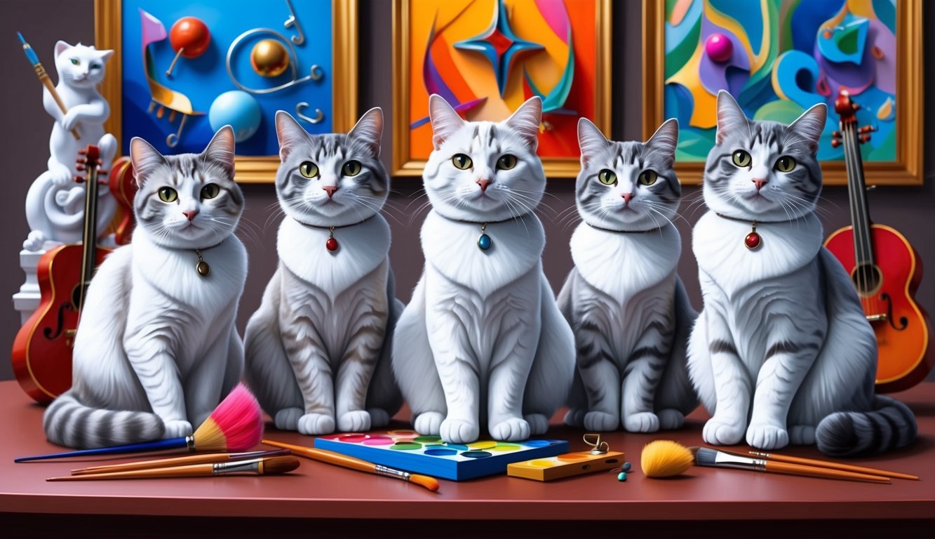 A group of elegant cats sit among paintbrushes and musical instruments, surrounded by colorful artwork and sculptures