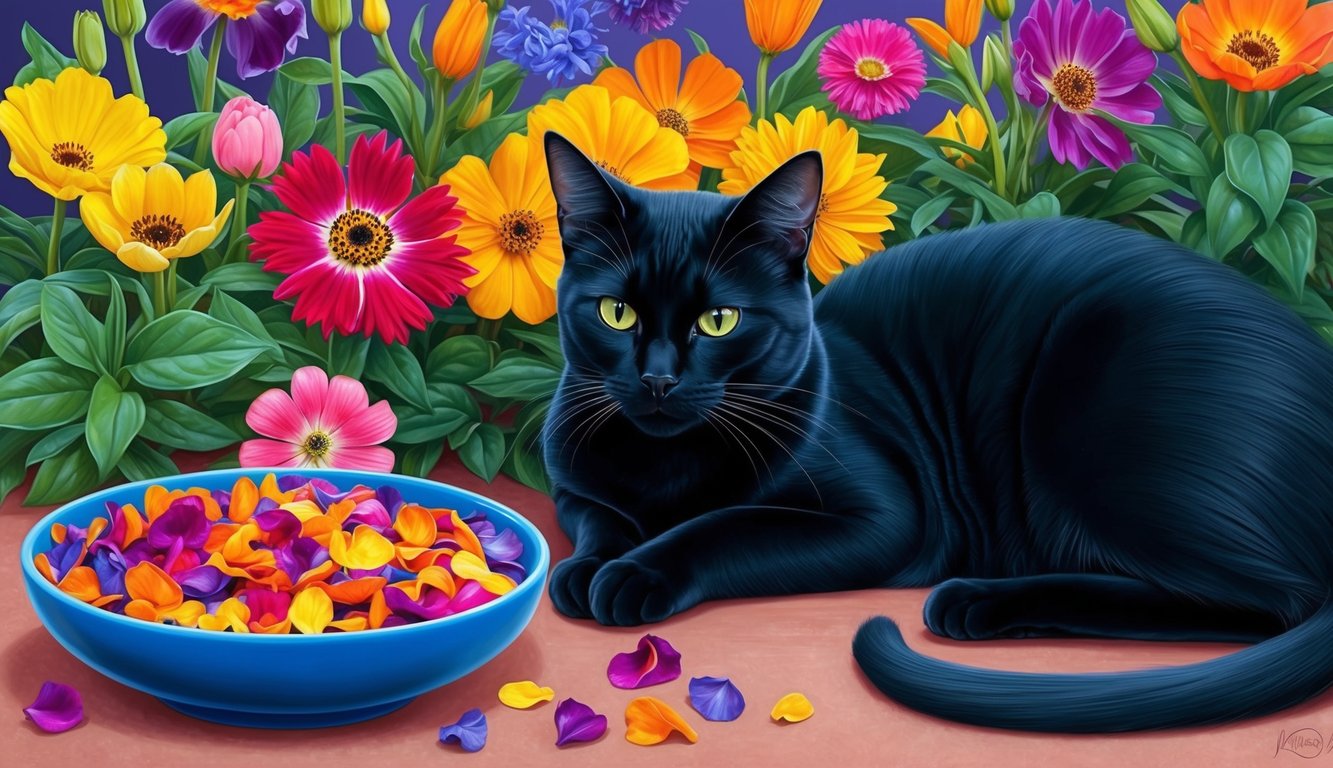 A sleek black cat lounges among vibrant flowers, its gaze fixed on a bowl of colorful, edible petals