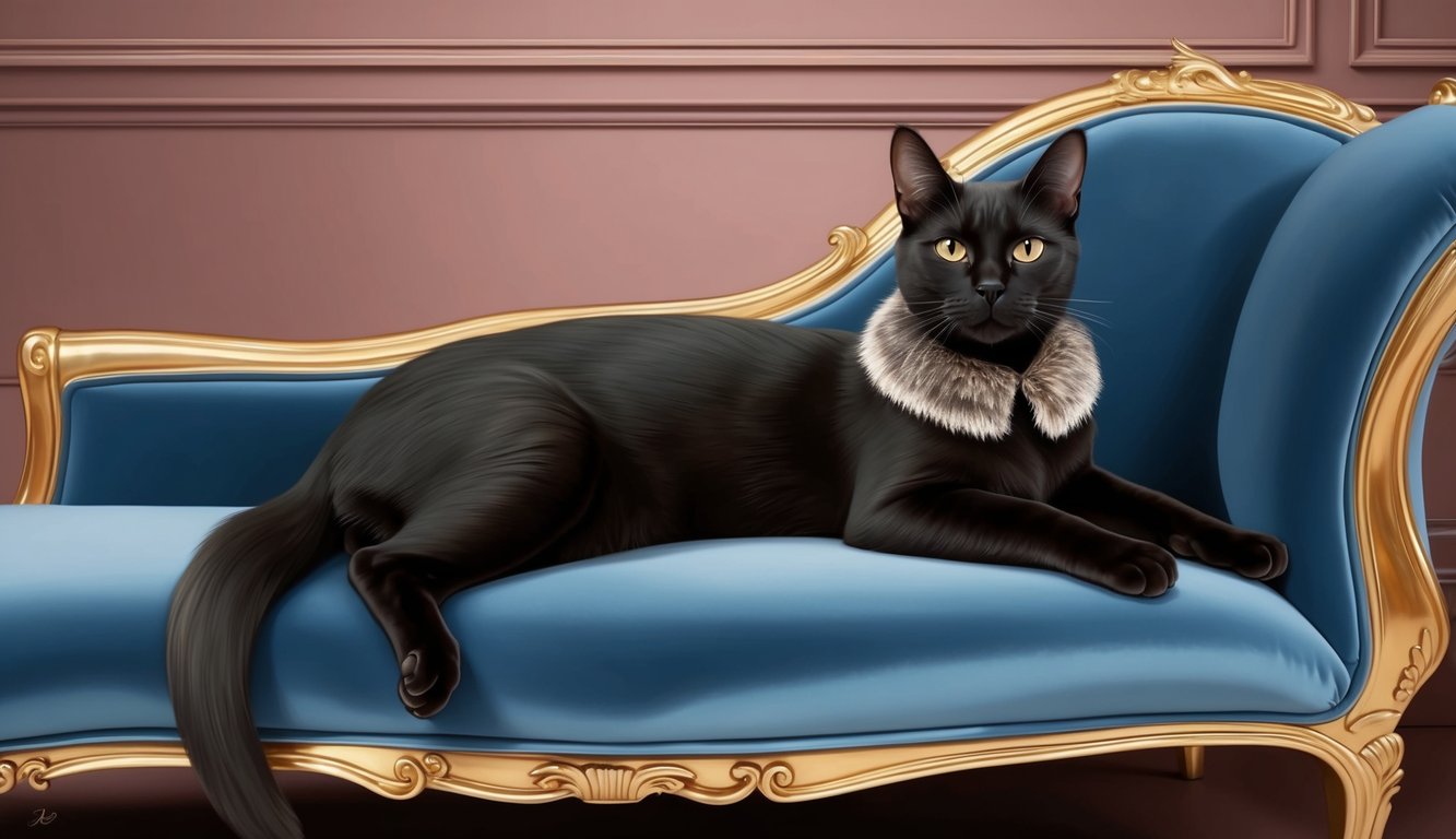 A sleek, stylish cat lounging on a velvet chaise with a fur-trimmed collar and a regal expression