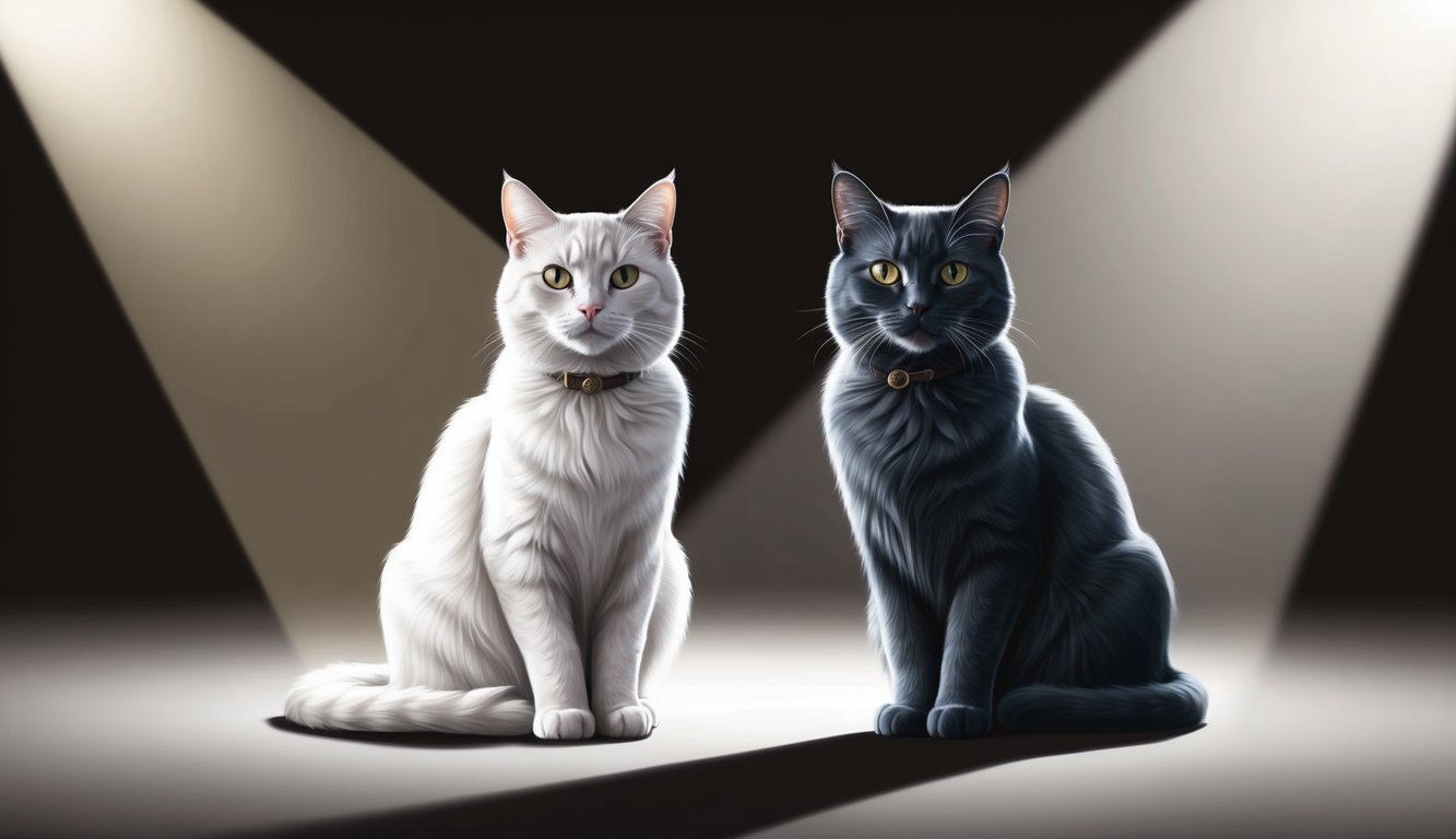 Two elegant cats sitting in a spotlight, surrounded by soft shadows, exuding an air of mystery and allure