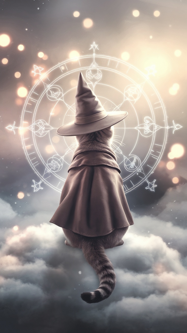 A mystical cat wearing a wizard hat, gazing at a magical circle of symbols