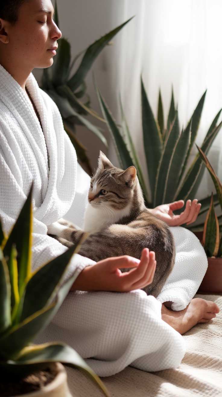 A person in a white robe meditating with a cat in their lap, surrounded by plants.