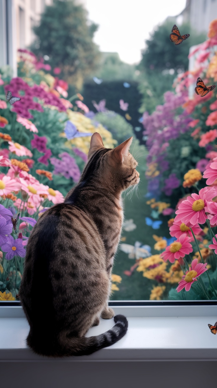 A cat looking out the window at a vibrant garden filled with flowers and butterflies.