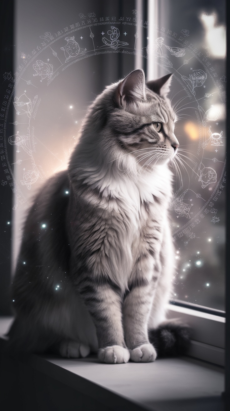 A cat sitting by a window with a mystical aura.