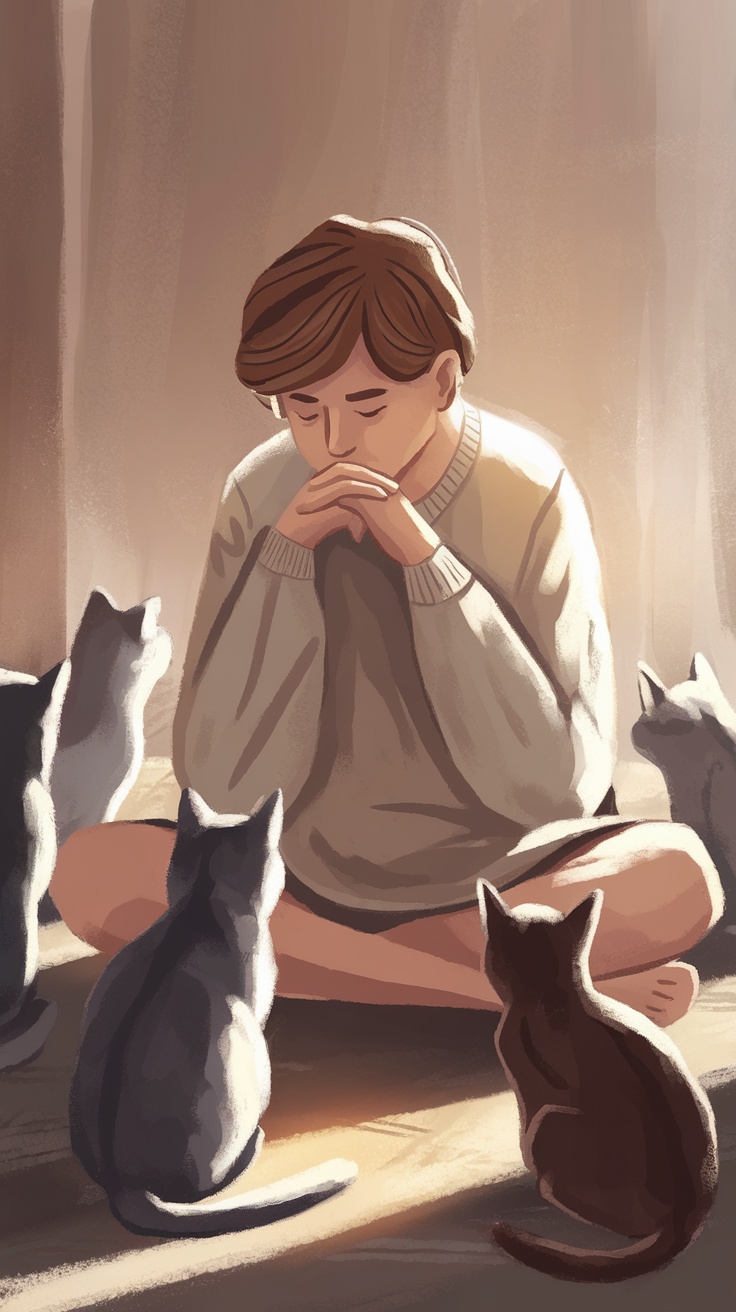 A person sitting on the floor surrounded by cats, deep in thought.