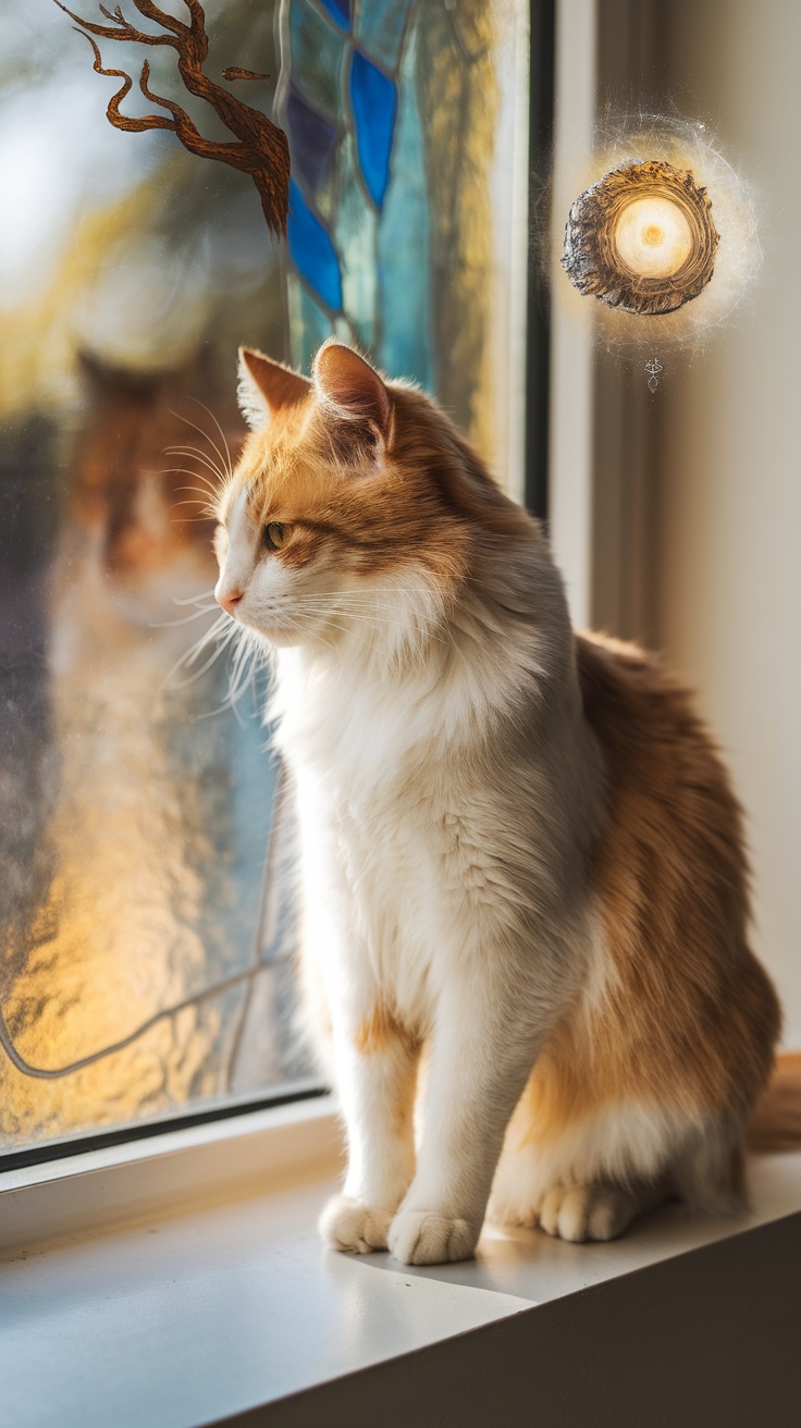 A cat sitting by a window, looking outdoors with a thoughtful expression.