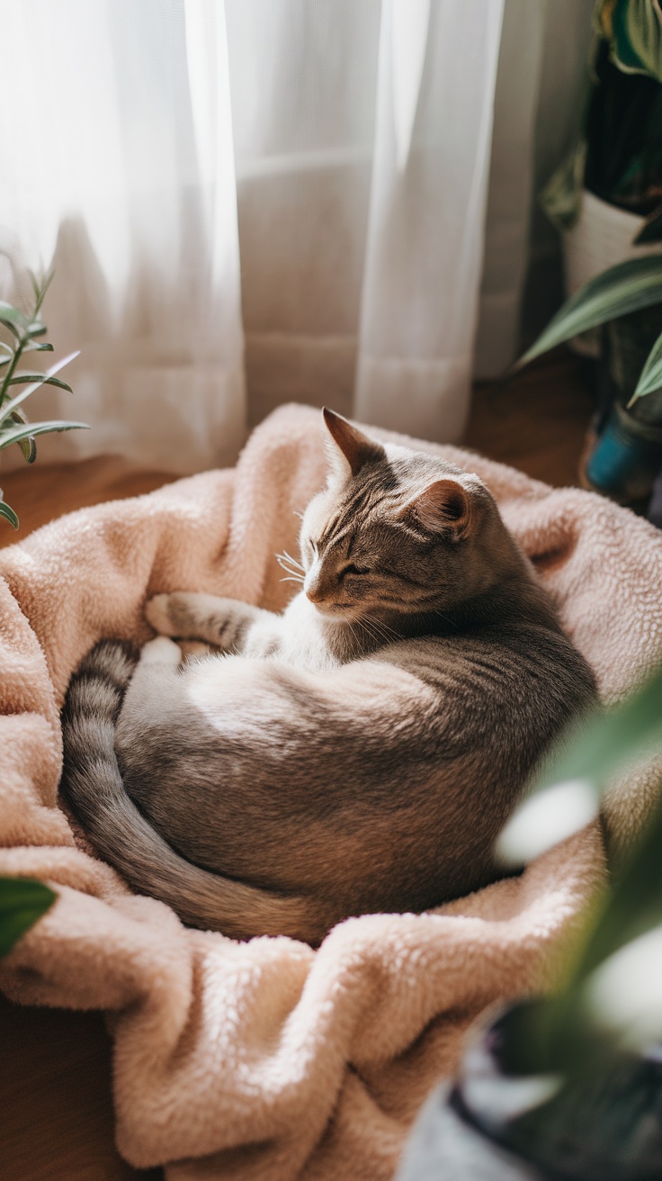 A relaxed cat curled up in a soft blanket near a window.