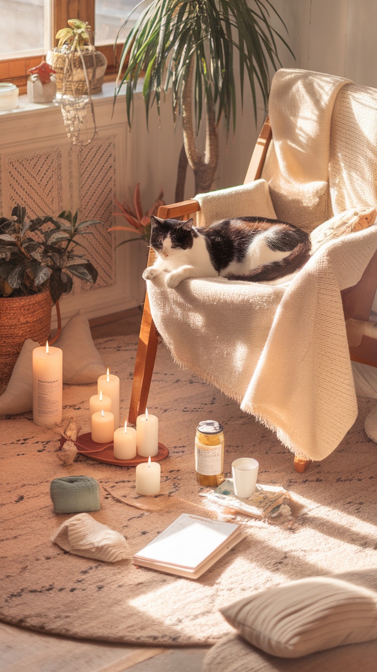 A relaxed cat resting on a cozy chair surrounded by candles and plants, creating a serene atmosphere.