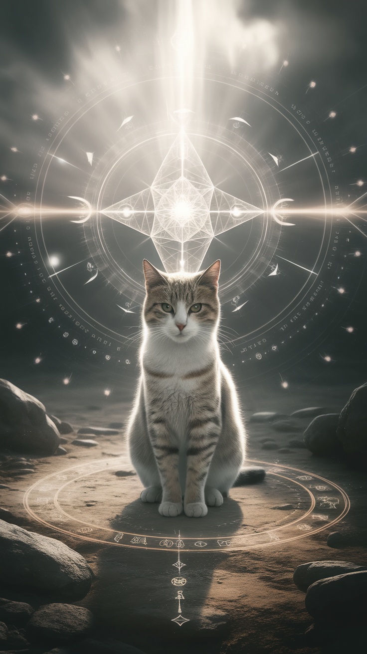 A serene cat sitting in front of a mystical symbol, symbolizing its role as a spirit guide.