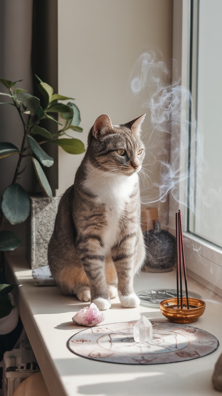 A cat sitting near incense and crystals, symbolizing spiritual protection.