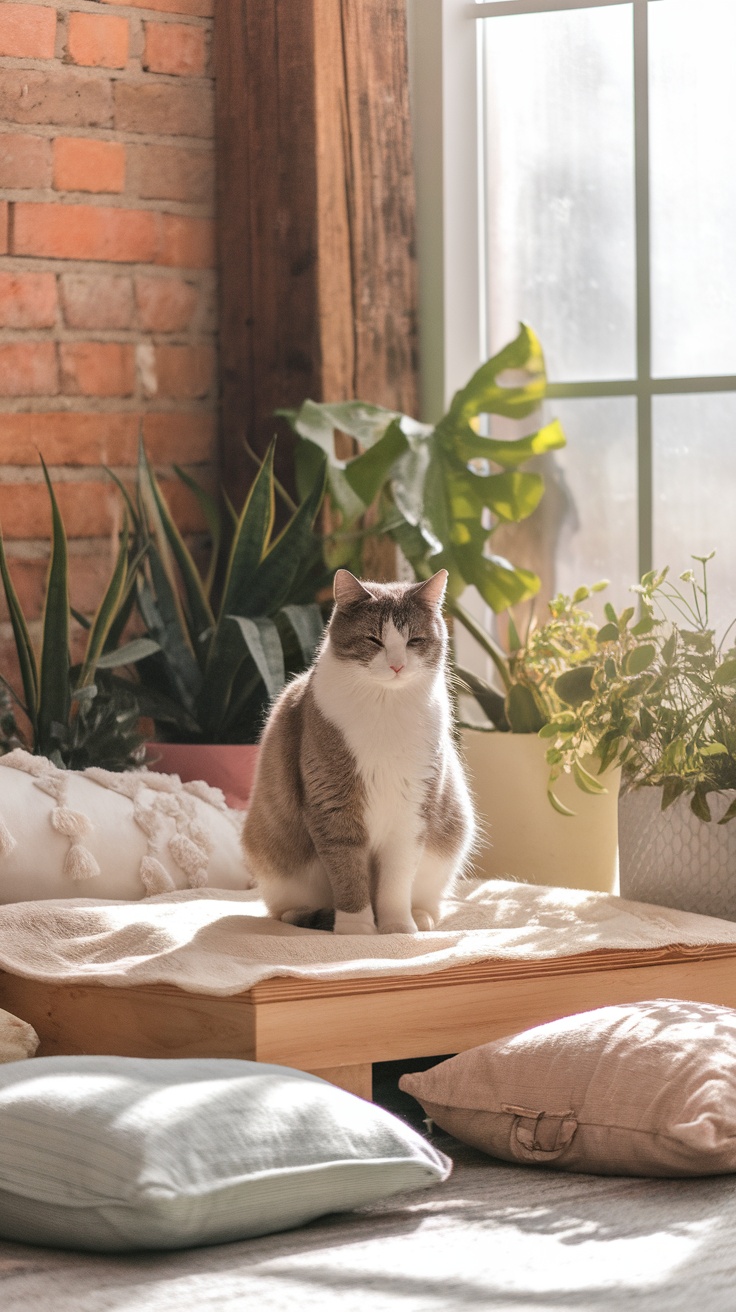 A calm cat sitting on a wooden platform surrounded by plants and soft pillows in a sunlit room.
