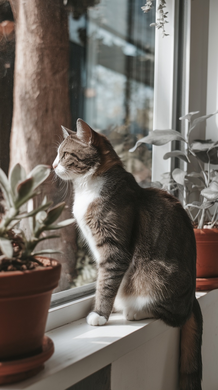 A cat sitting on a windowsill, gazing outside, with plants nearby.