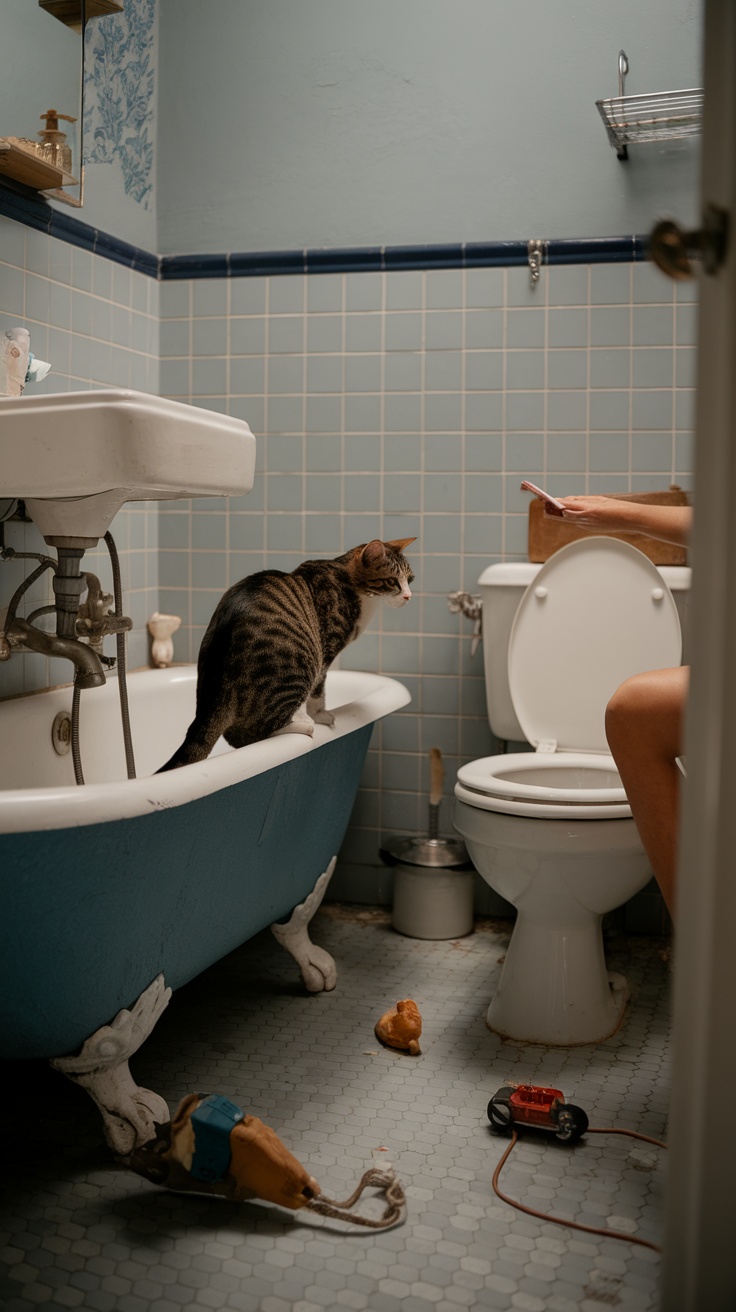 A cat sits on a bathtub while a person uses the toilet in a bathroom.