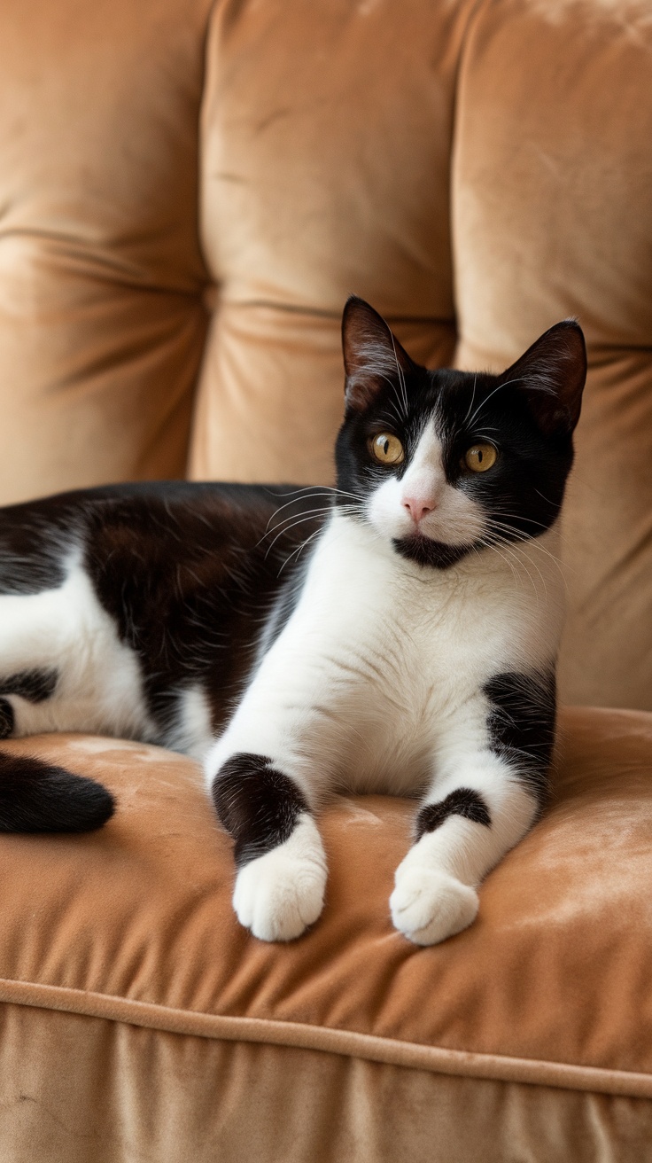 A bicolor tuxedo cat resting on a couch.