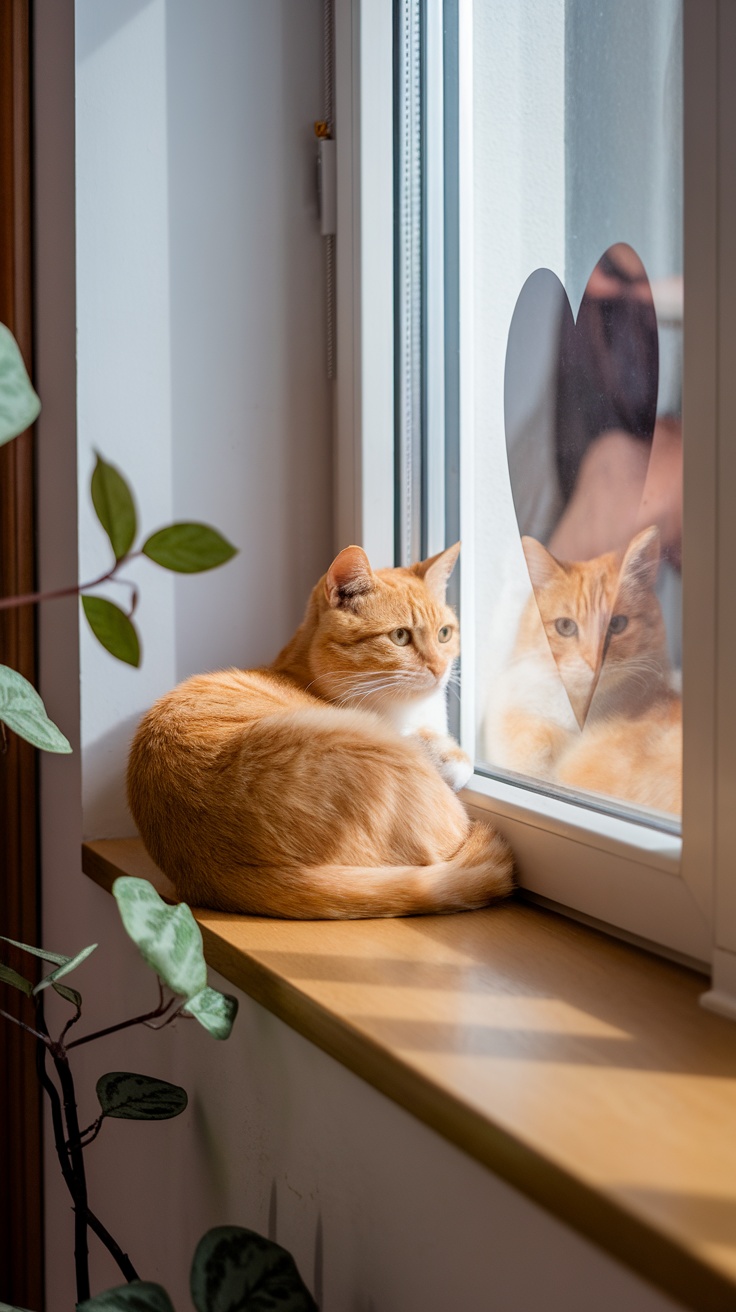 A cat sitting on a window sill, looking out the window.