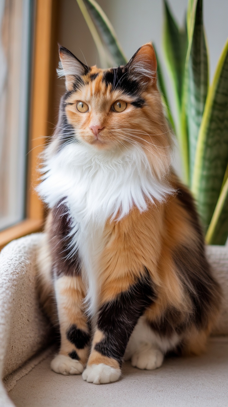 A calico cat with a mix of black, orange, and white fur sitting comfortably in a sunny spot.