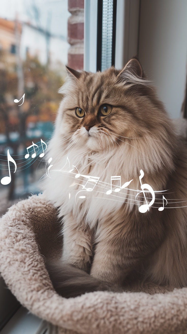 A fluffy cat sitting by a window with musical notes around it, representing its chirps and trills.