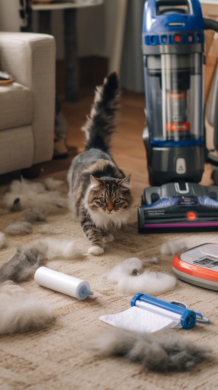 A cat walking through a room with fur scattered on the floor and cleaning tools nearby.