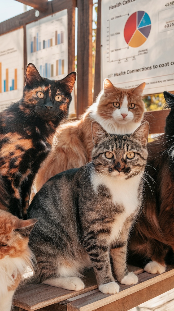 A group of cats with various coat colors seated together, with charts in the background discussing health connections related to coat color.