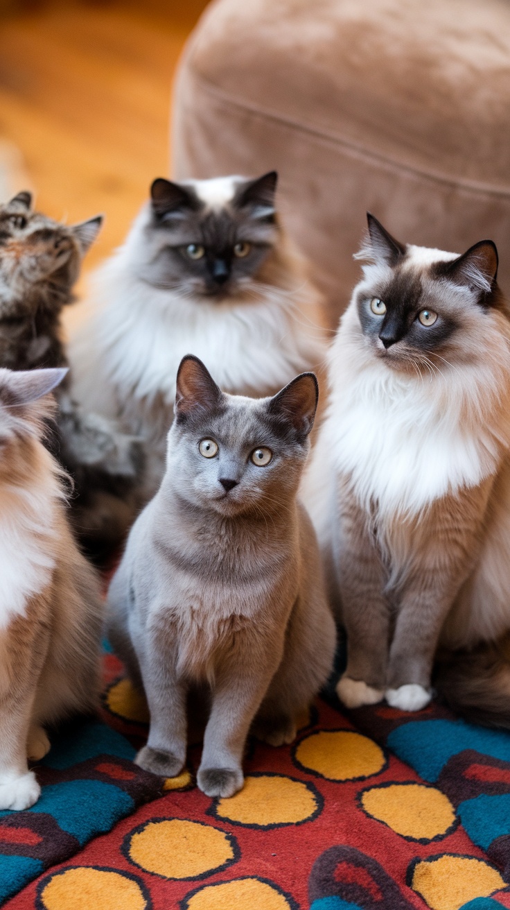 A group of cats displaying various colorpoint patterns, featuring darker colors on their ears, faces, paws, and tails contrasted with lighter bodies.