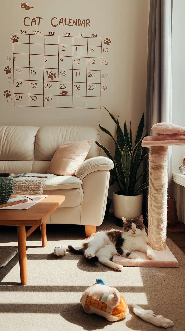 A cozy living room with a cat relaxing on a mat, a cat calendar on the wall, and toys scattered around.