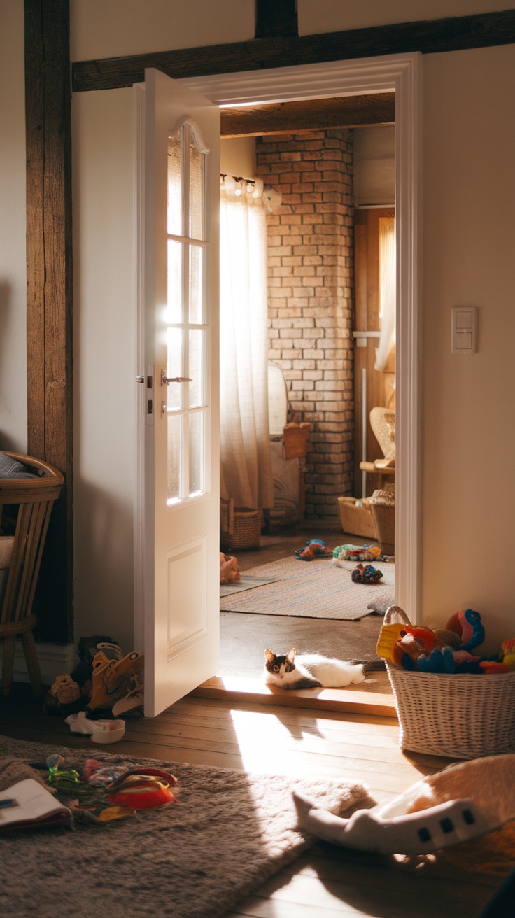 A cozy room with a cat lounging in the doorway, surrounded by toys and a warm atmosphere.