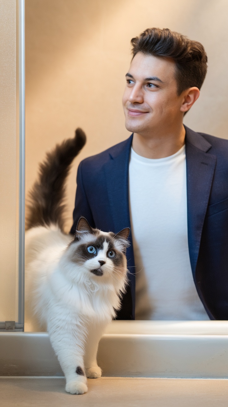 A cat following its owner in a hallway, showcasing their close bond.