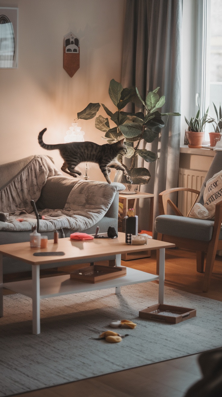 A cat jumping on a couch with a cozy living room setting.