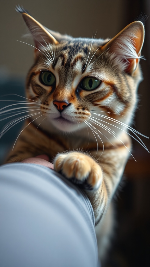A cat gently touches a person's hand with its paw, showcasing a moment of affection.