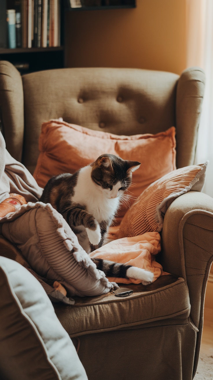 A cat sitting on a cozy chair surrounded by pillows.
