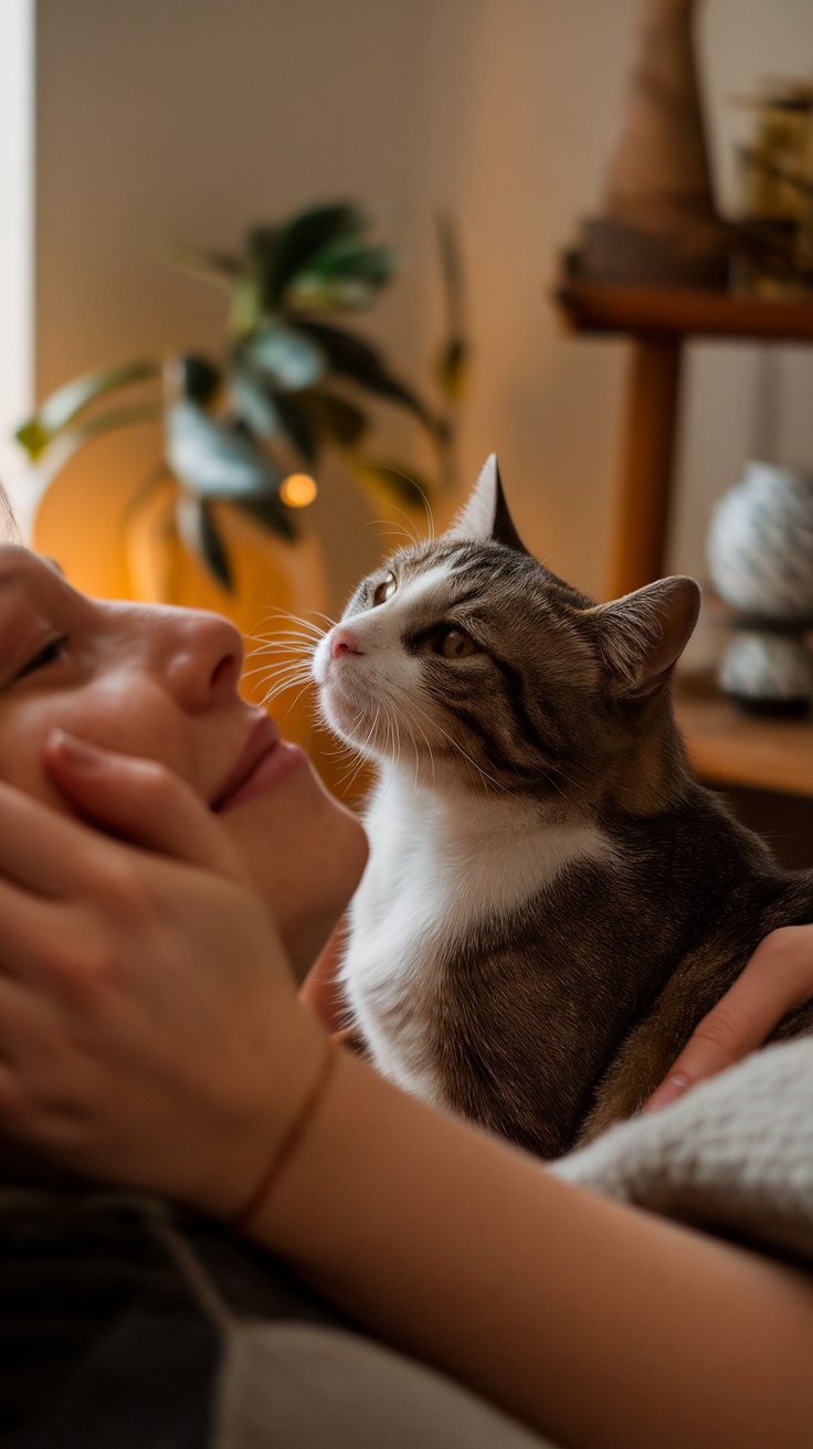 A cat gently rubbing its face against a person's cheek, showcasing affection and bonding.