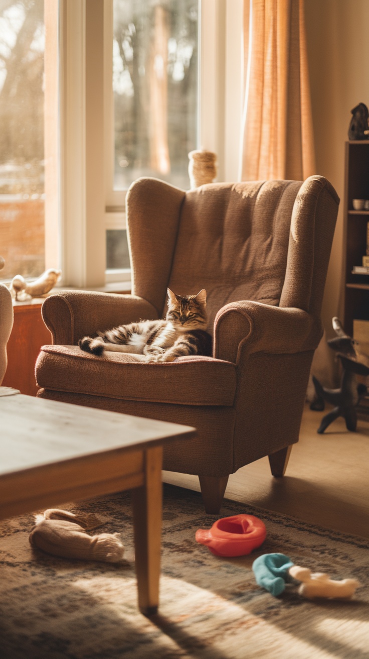 A cat lounging comfortably in a cozy armchair with toys scattered around.
