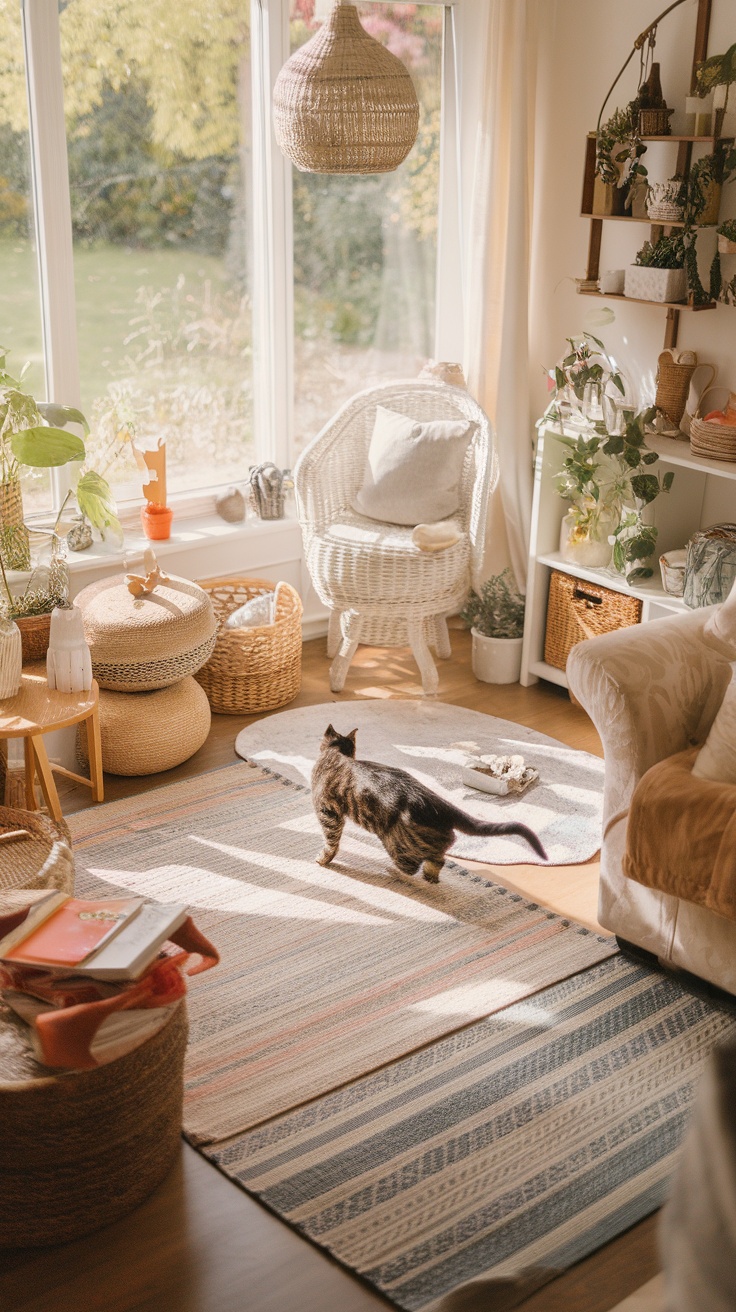 A cozy living room with a cat walking on a rug, surrounded by plants and decorative furniture.