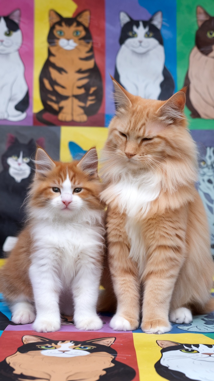 A kitten and an adult cat standing together against a colorful background with illustrated cat faces.