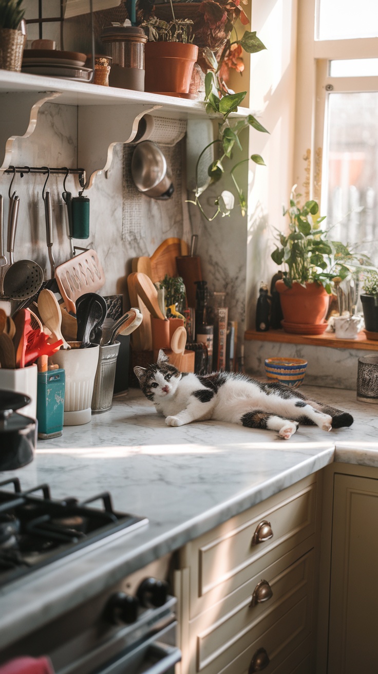 A cat lounging on a kitchen counter surrounded by utensils and plants.