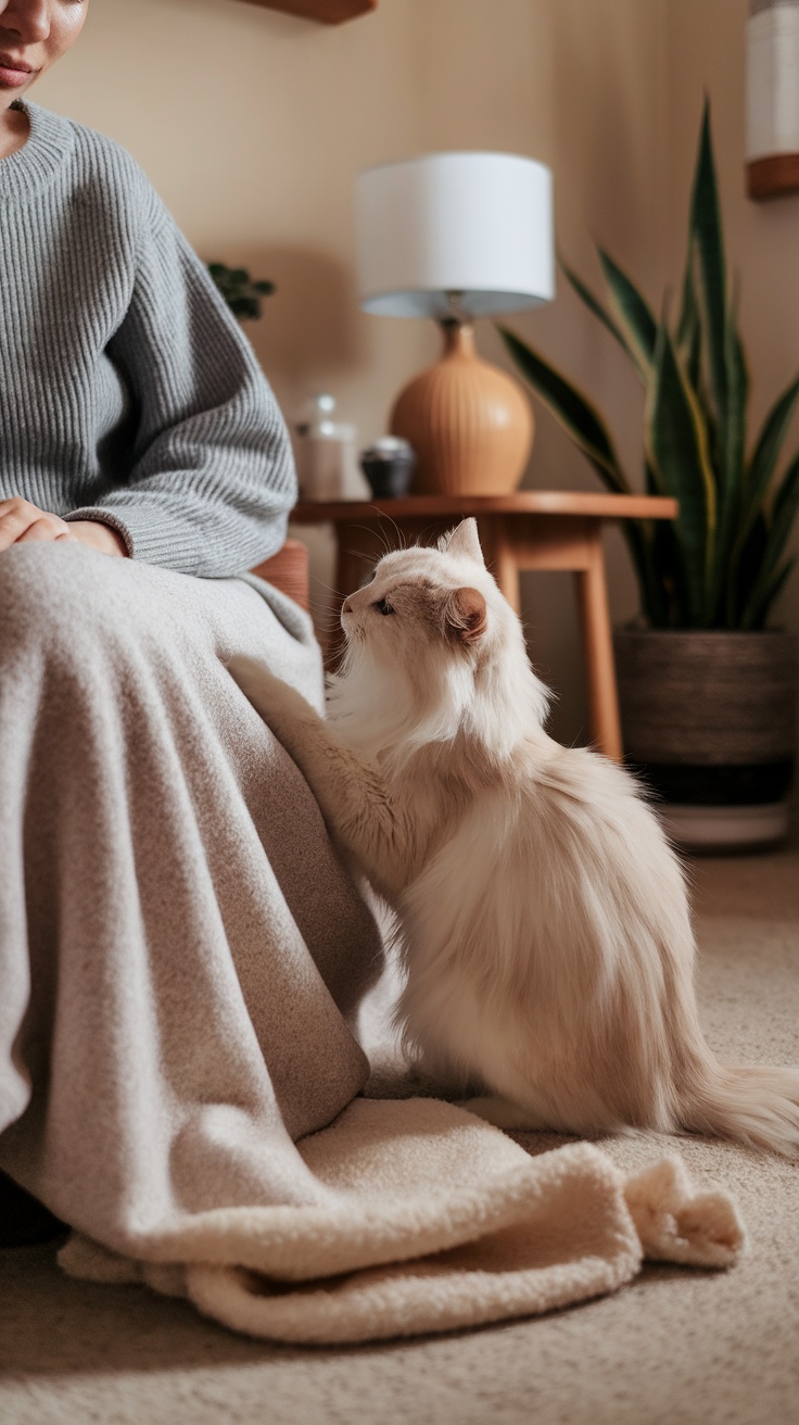 A fluffy cat kneading on a person's lap.