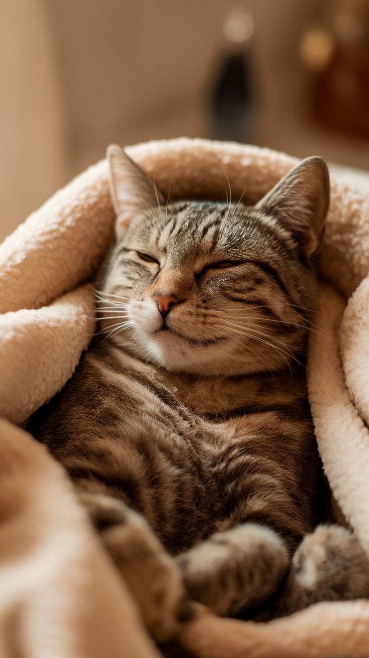 A relaxed cat purring while wrapped in a cozy blanket.