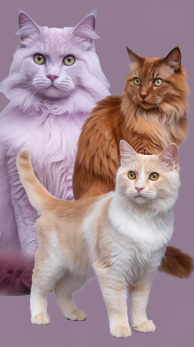 Three unique cats showcasing rare color patterns: a lilac Persian, a tortoiseshell, and a cream-colored Persian.
