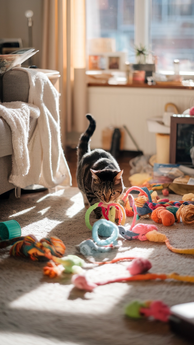 A playful cat exploring a variety of colorful toys scattered across the floor.