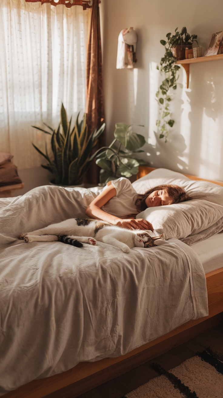 A person sleeping on a bed with a cat lying next to them.
