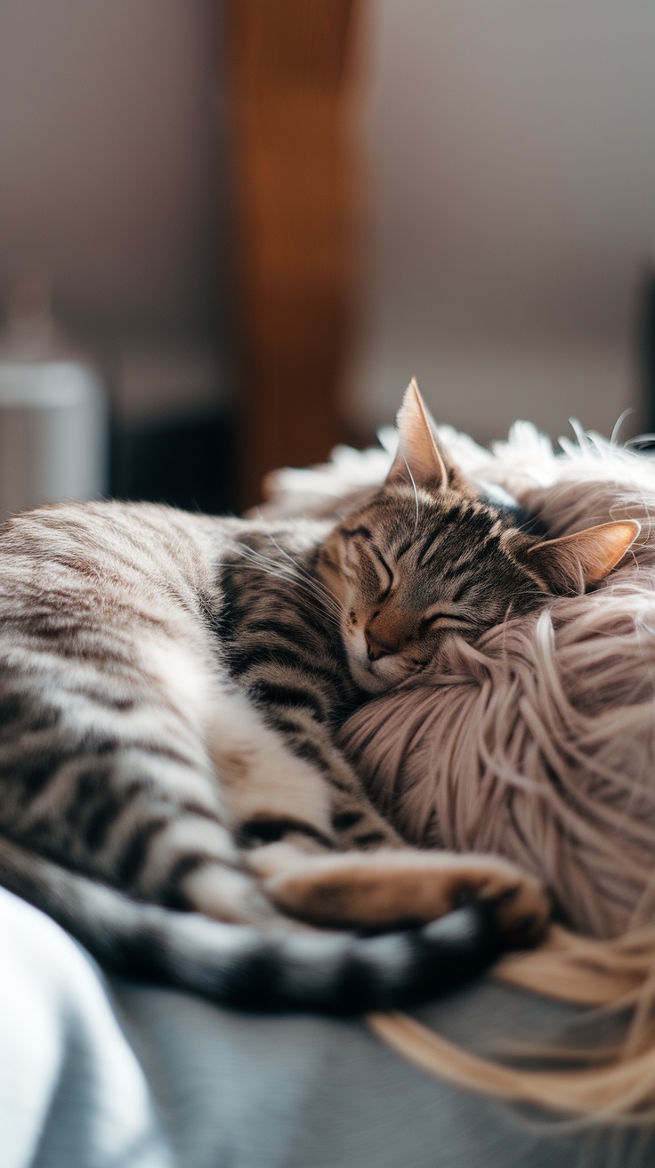 A cat sleeping peacefully on a fluffy pillow.