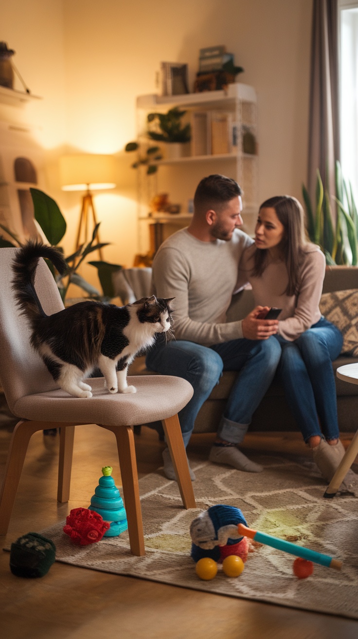 A couple sitting together on a couch while their cat stands on a chair nearby, surrounded by cat toys.