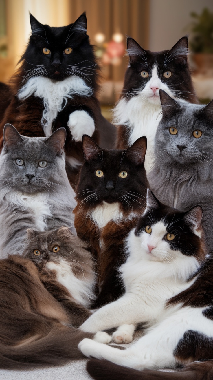 A group of solid-colored cats with varying fur patterns and colors, displaying a range of expressions and personalities.