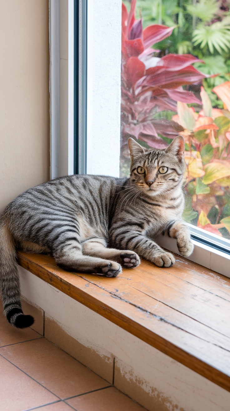 A tabby cat with stripes lounging by a window, surrounded by colorful plants.